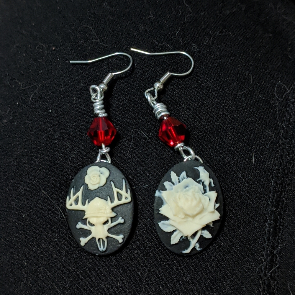Skull and Rose Cameo Swarovski Crystal Earrings